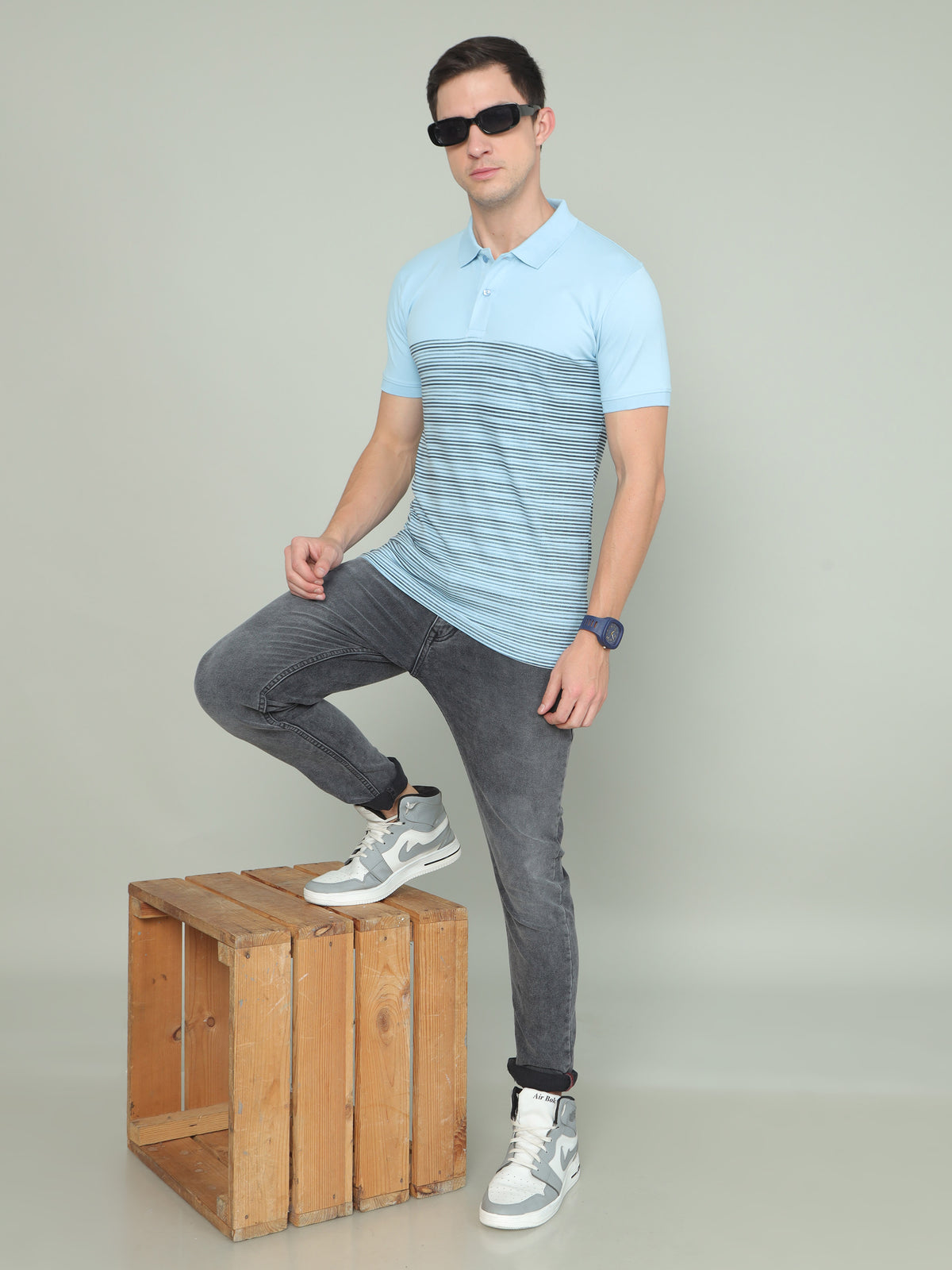 Shop Men's Blue Stripes Half Sleeves Polo Neck T-Shirts Online.