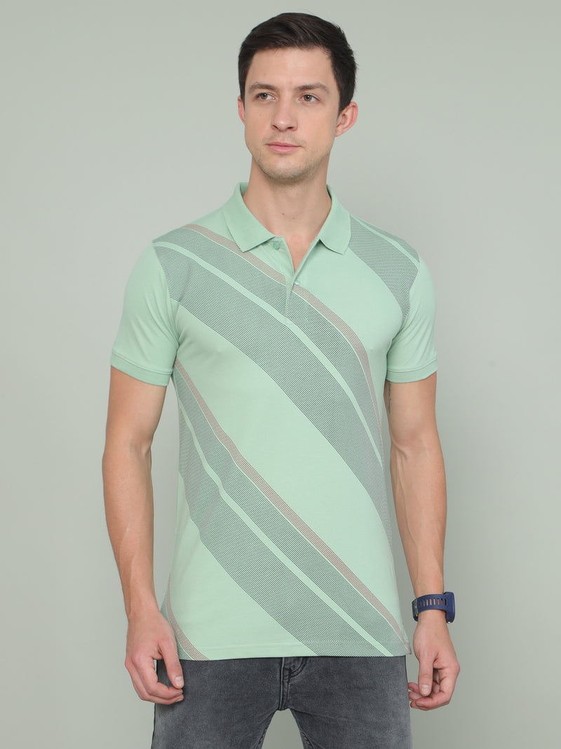 Shop Men's Green Printed Regular Fit Half Sleeves Polo Neck T-Shirt Online.