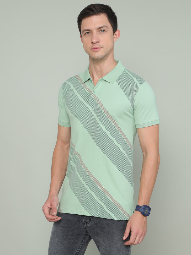 Shop Men's Green Printed Regular Fit Half Sleeves Polo Neck T-Shirt Online.