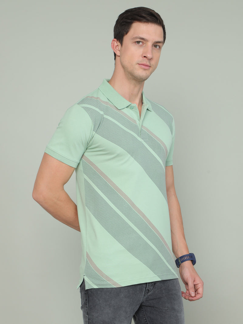 Shop Men's Green Printed Regular Fit Half Sleeves Polo Neck T-Shirt Online.