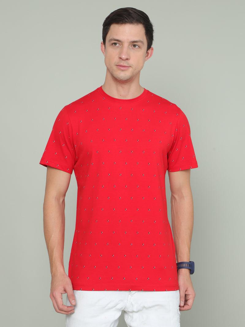 Shop Men's Red Printed Regular Fit Half Sleeves Crew Neck T-Shirt Online.