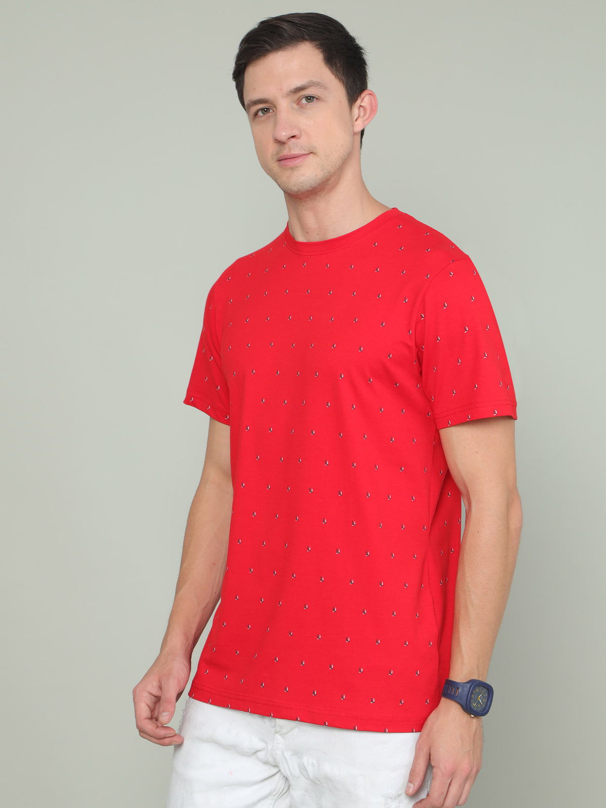 Shop Men's Red Printed Regular Fit Half Sleeves Crew Neck T-Shirt Online.