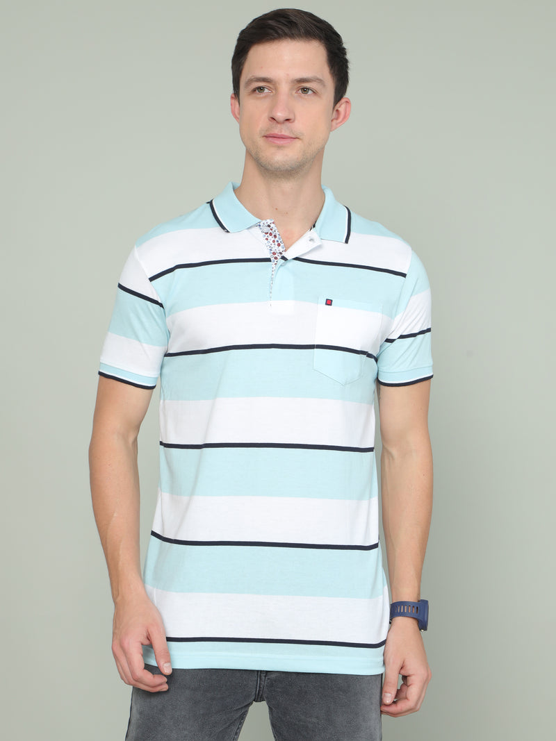 Shop Men's Sky Blue And White Regular Fit Stripe Half Sleeves Polo Neck T-Shirt Online.