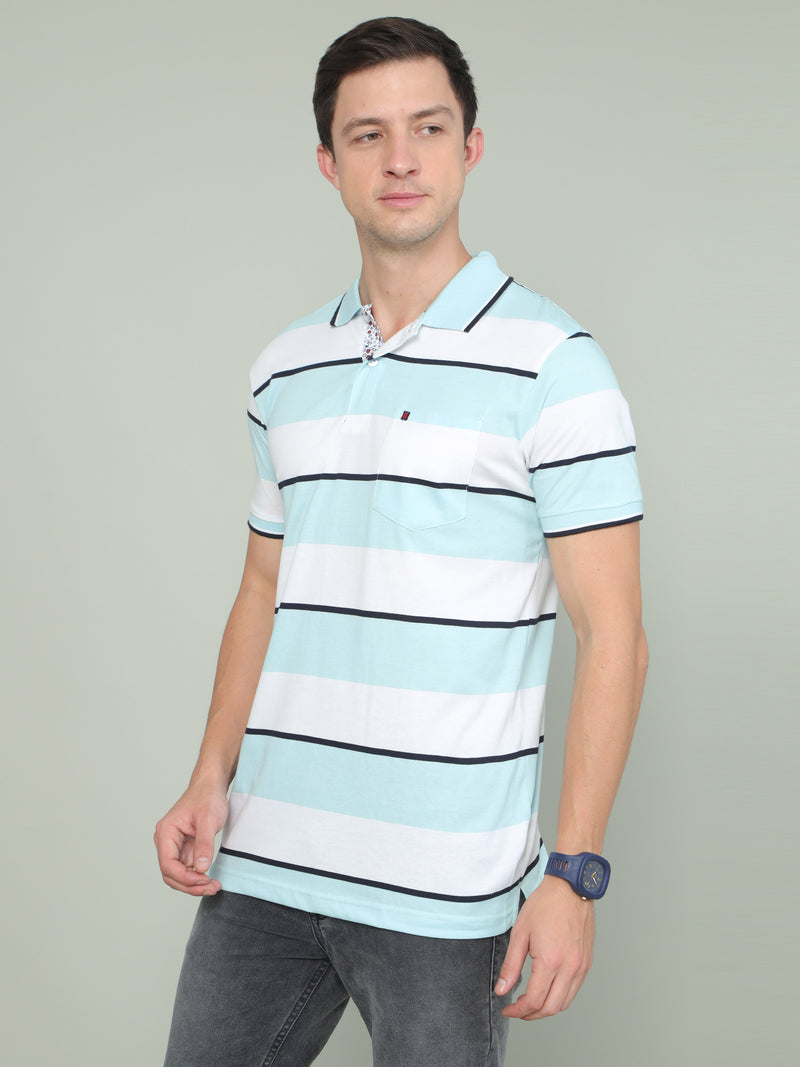 Shop Men's Sky Blue And White Regular Fit Stripe Half Sleeves Polo Neck T-Shirt Online.