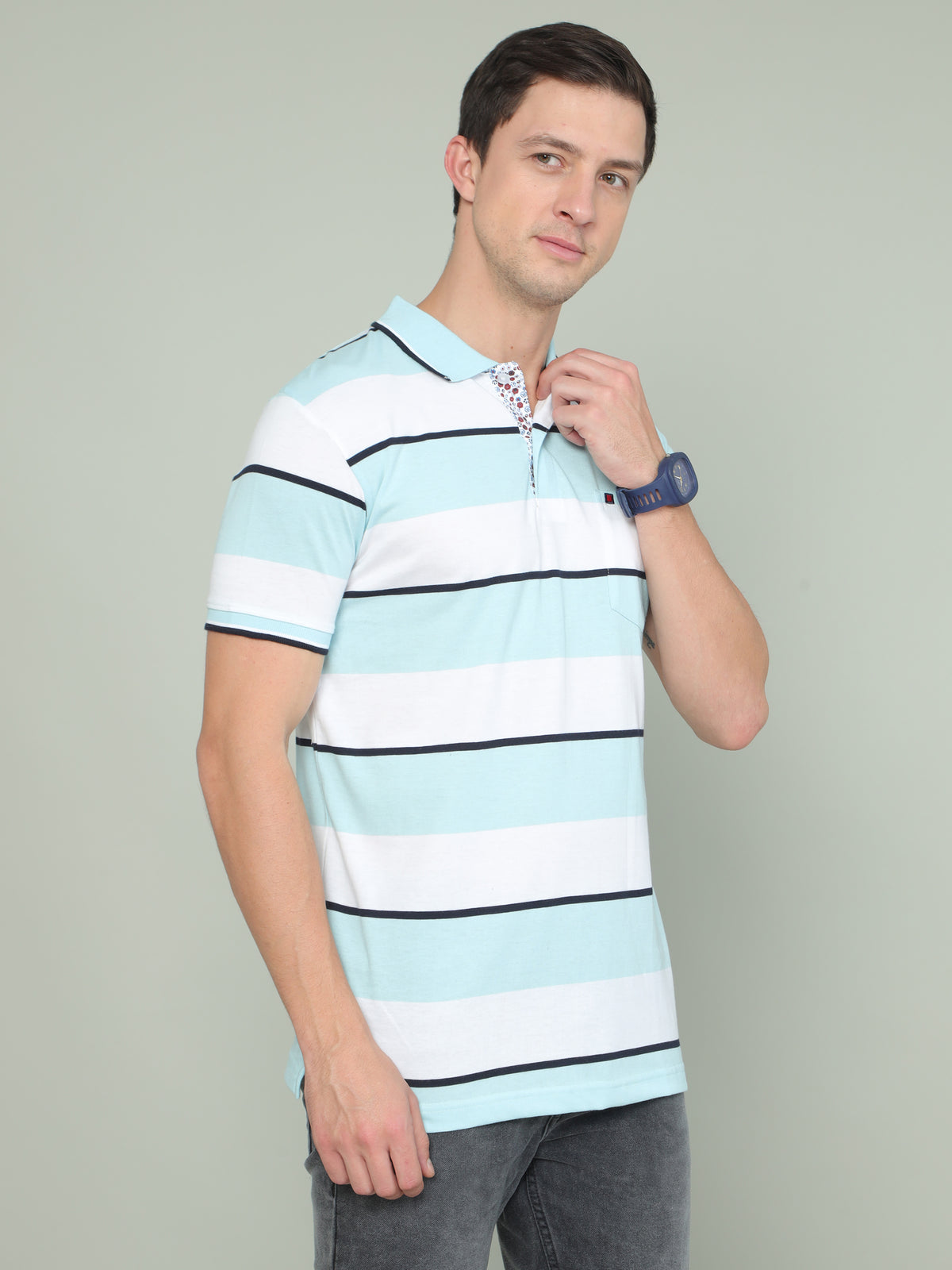 Shop Men's Sky Blue And White Regular Fit Stripe Half Sleeves Polo Neck T-Shirt Online.