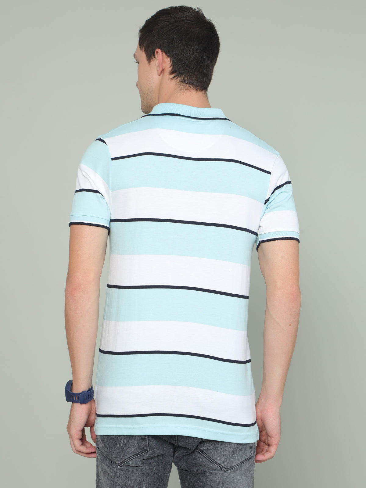 Shop Men's Sky Blue And White Regular Fit Stripe Half Sleeves Polo Neck T-Shirt Online.