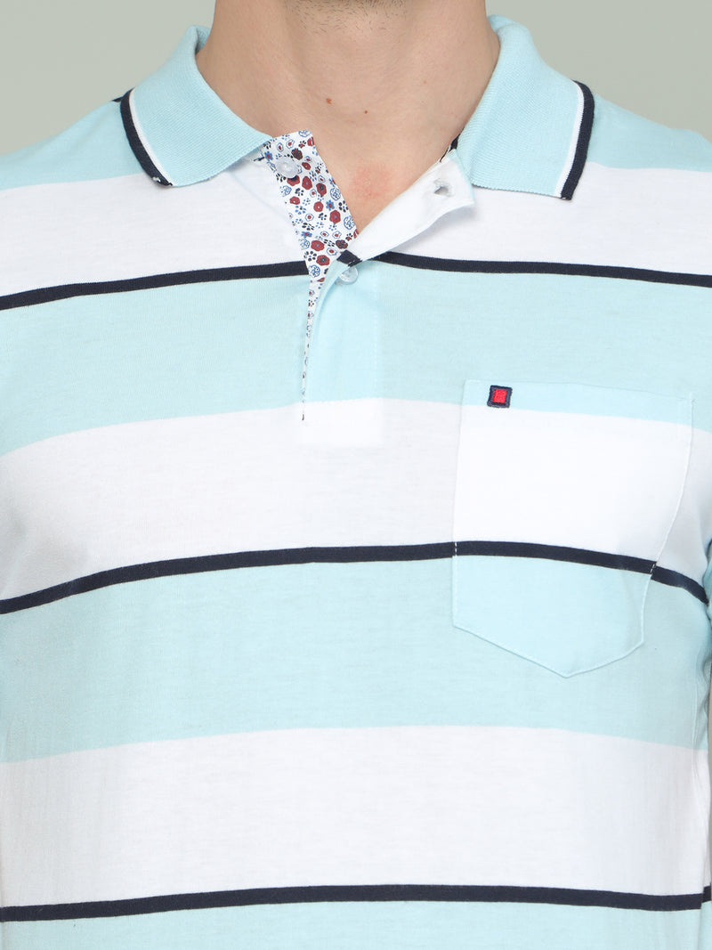 Shop Men's Sky Blue And White Regular Fit Stripe Half Sleeves Polo Neck T-Shirt Online.