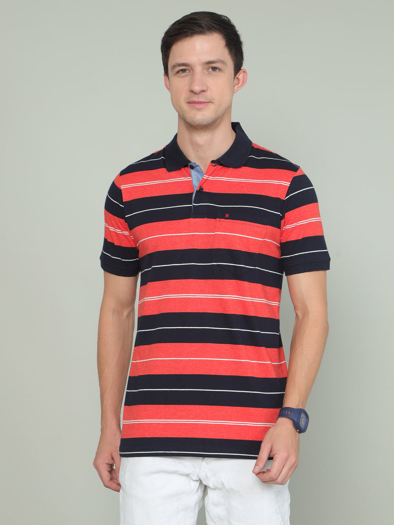 Shop Men's Black Orange Colors Stripes Half Sleeves Polo Neck T-Shirts Online.