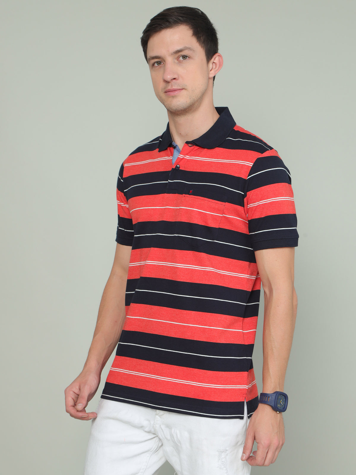 Shop Men's Black Orange Colors Stripes Half Sleeves Polo Neck T-Shirts Online.