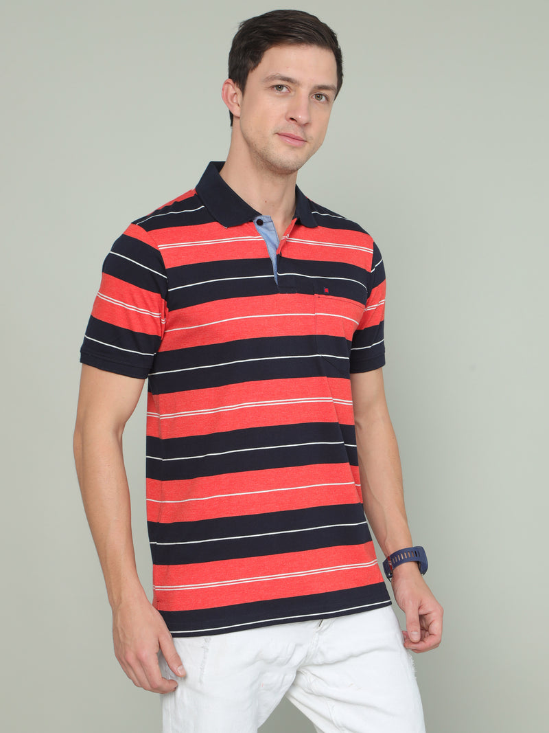 Shop Men's Black Orange Colors Stripes Half Sleeves Polo Neck T-Shirts Online.