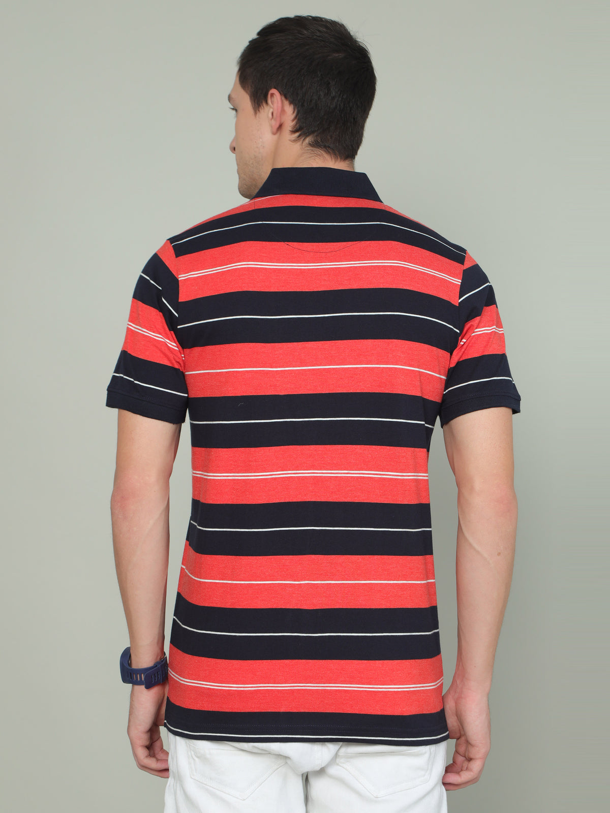 Shop Men's Black Orange Colors Stripes Half Sleeves Polo Neck T-Shirts Online.