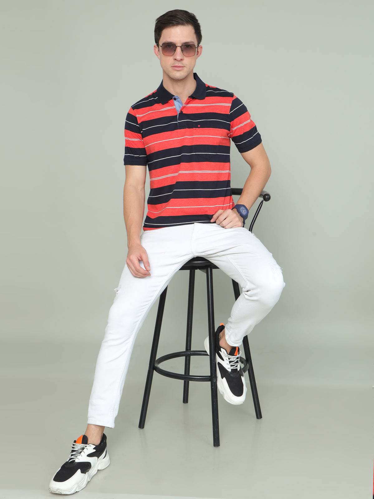 Shop Men's Black Orange Colors Stripes Half Sleeves Polo Neck T-Shirts Online.