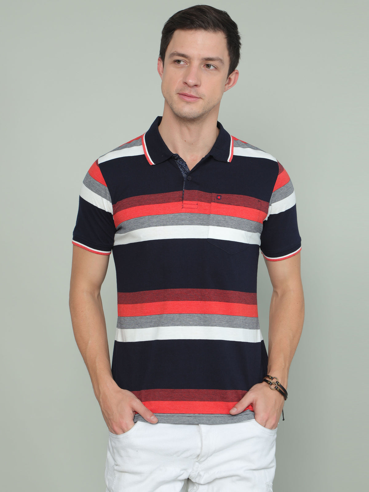 Shop Men's Multi Colors Stripe Regular Fit Half Sleeves Polo Neck T-Shirt Online.