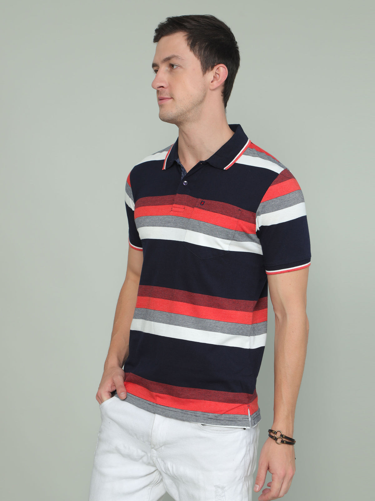 Shop Men's Multi Colors Stripe Regular Fit Half Sleeves Polo Neck T-Shirt Online.