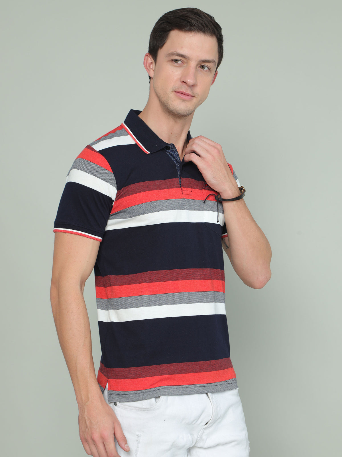 Shop Men's Multi Colors Stripe Regular Fit Half Sleeves Polo Neck T-Shirt Online.