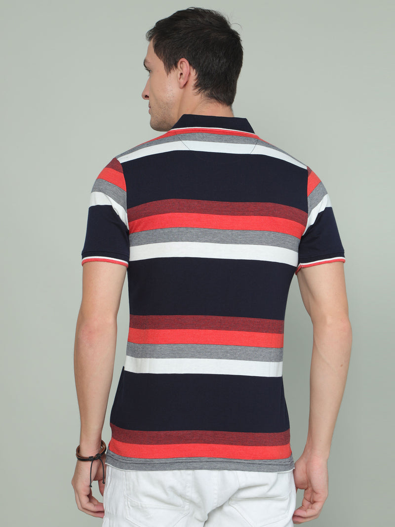 Shop Men's Multi Colors Stripe Regular Fit Half Sleeves Polo Neck T-Shirt Online.