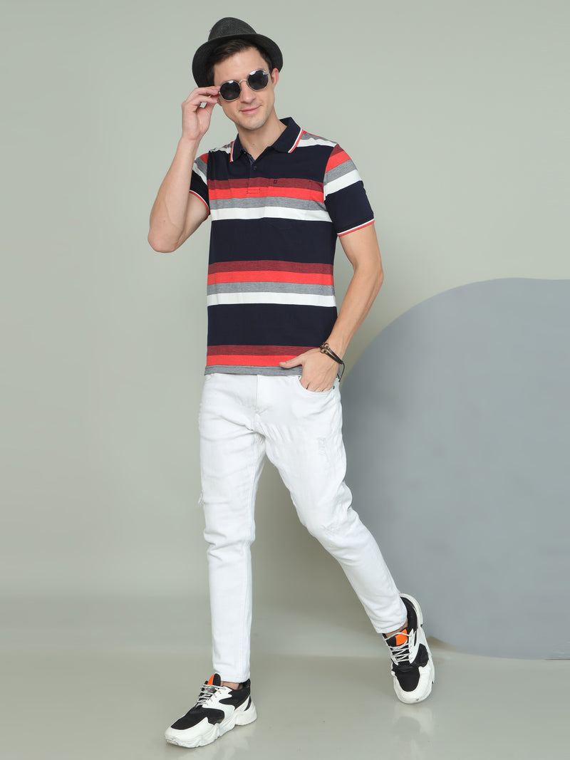 Shop Men's Multi Colors Stripe Regular Fit Half Sleeves Polo Neck T-Shirt Online.