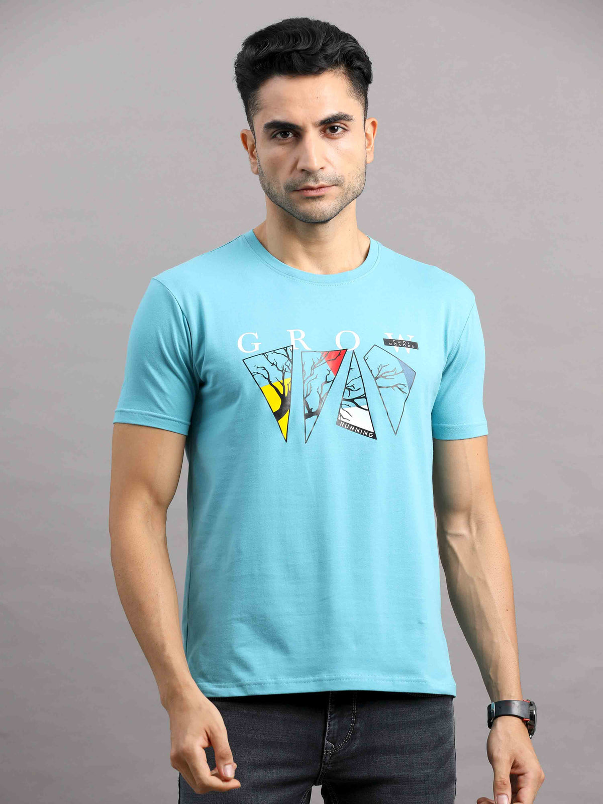 Shop Men's Blue Regular Fit Half Sleeve Printed Crew Neck T-Shirt Online.