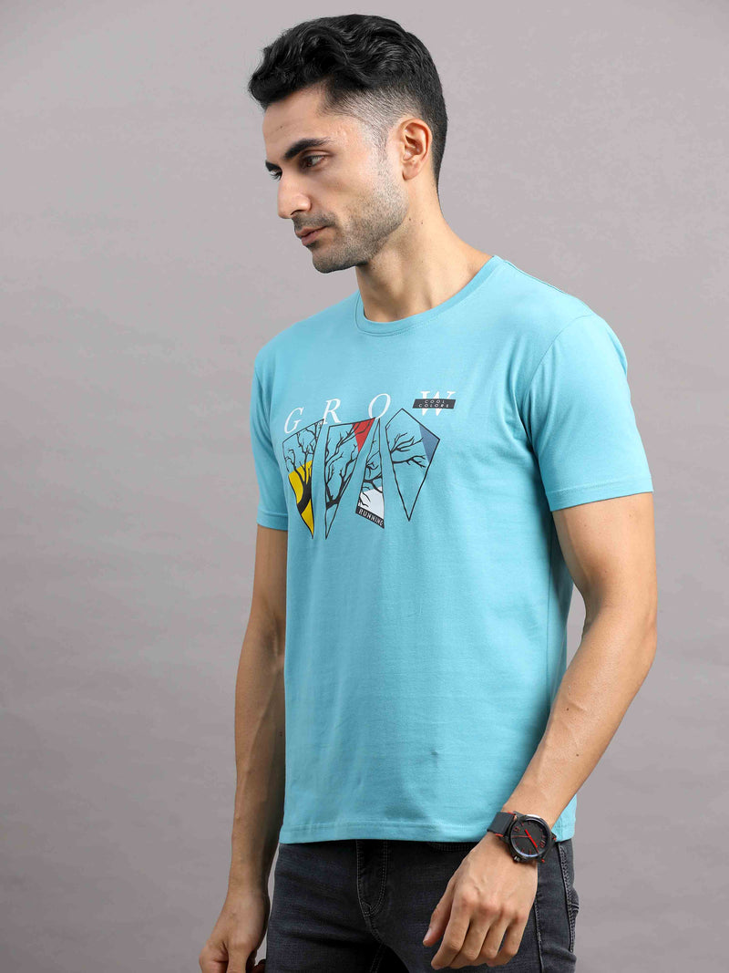 Shop Men's Blue Regular Fit Half Sleeve Printed Crew Neck T-Shirt Online.