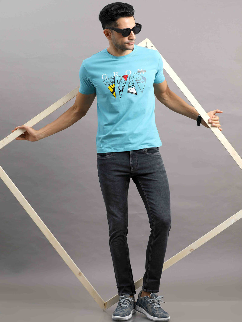 Shop Men's Blue Regular Fit Half Sleeve Printed Crew Neck T-Shirt Online.