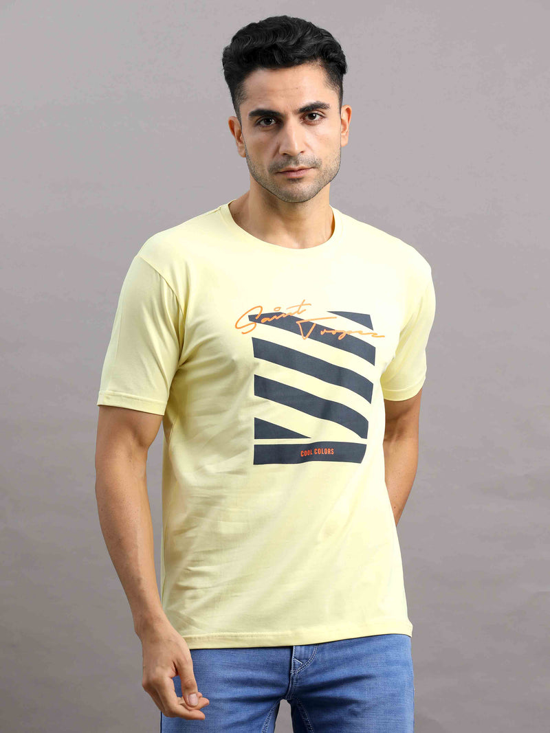 Shop Men's Yellow Regular Fit Half Sleeve Printed Crew Neck T-Shirt Online.