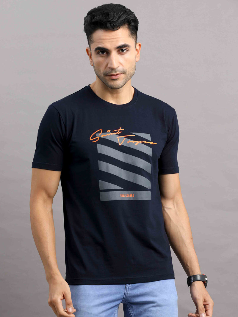 Shop Men's Black Regular Fit Half Sleeve Printed Crew Neck T-Shirt Online.