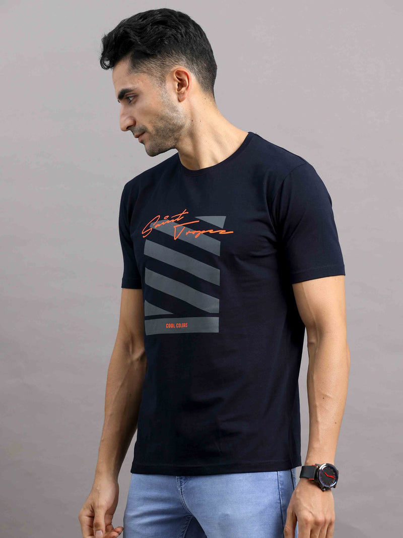 Shop Men's Black Regular Fit Half Sleeve Printed Crew Neck T-Shirt Online.