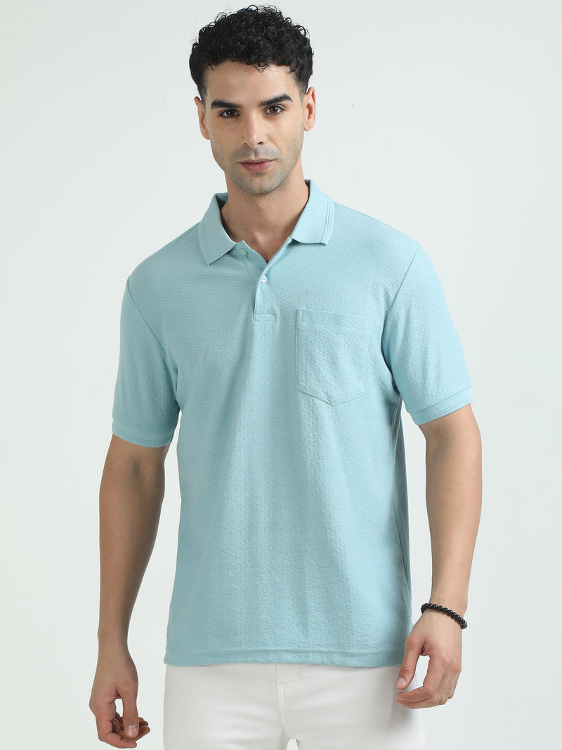 Men Sky Blue Printed Regular Fit Half Sleeve Polo Neck T-Shirt