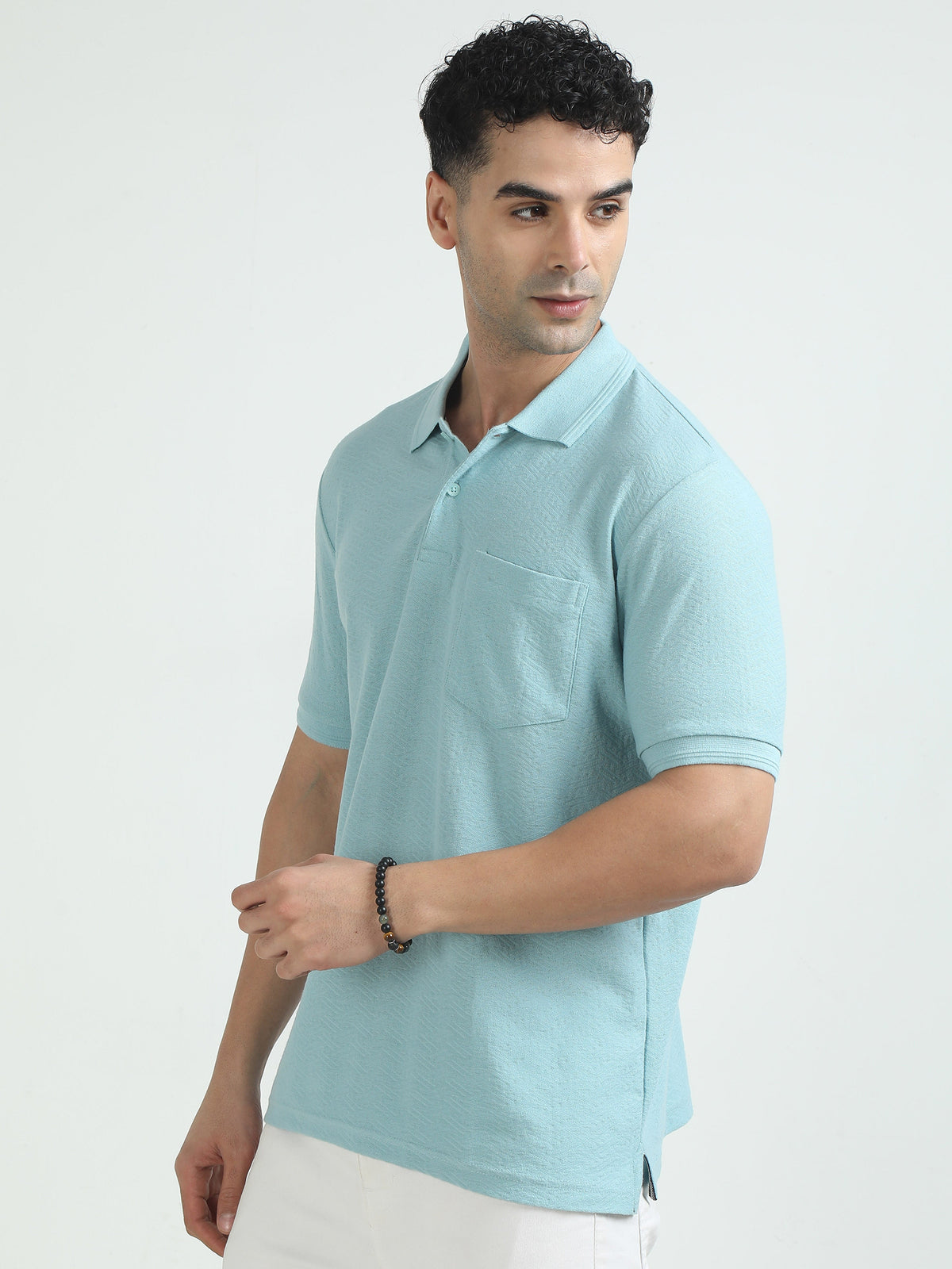 Men Sky Blue Printed Regular Fit Half Sleeve Polo Neck T-Shirt