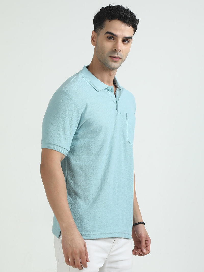 Men Sky Blue Printed Regular Fit Half Sleeve Polo Neck T-Shirt