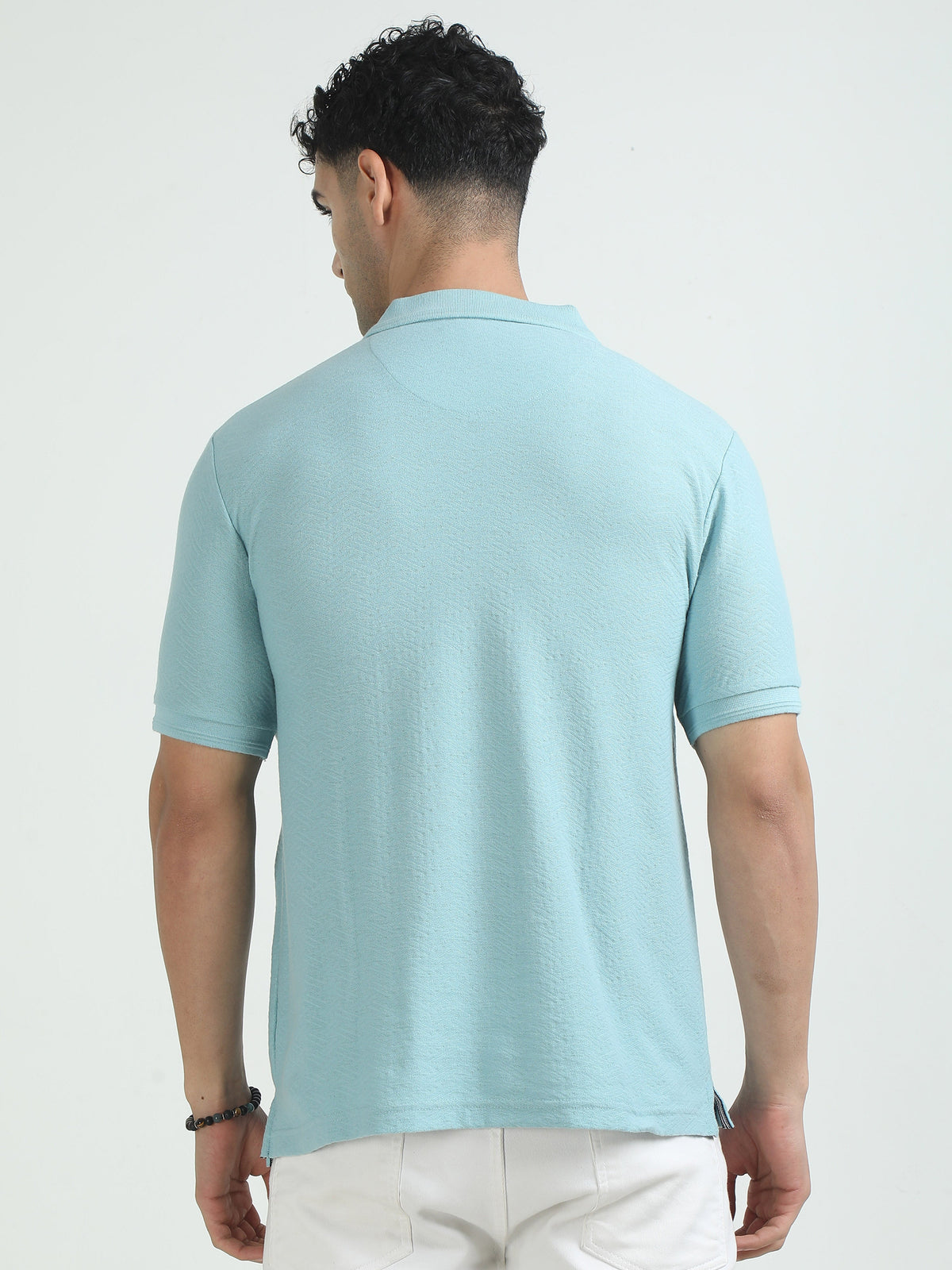 Men Sky Blue Printed Regular Fit Half Sleeve Polo Neck T-Shirt