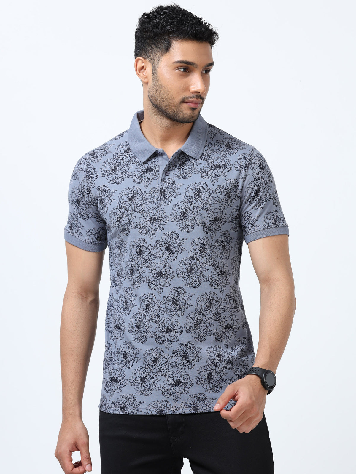 Men Grey Printed Regular Fit Half Sleeve Polo Neck T-Shirt