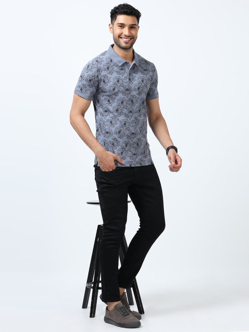 Men Grey Printed Regular Fit Half Sleeve Polo Neck T-Shirt