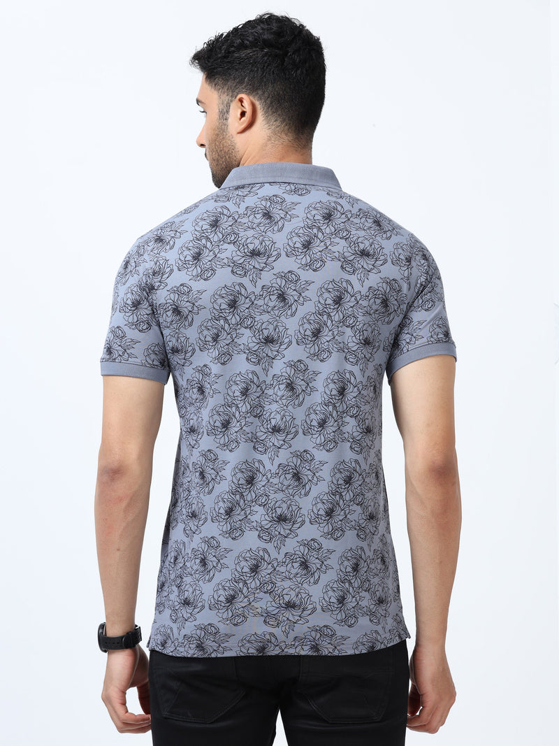 Men Grey Printed Regular Fit Half Sleeve Polo Neck T-Shirt