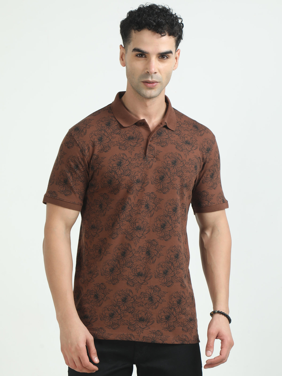 Men Brown Printed Regular Fit Half Sleeve Polo Neck T-Shirt