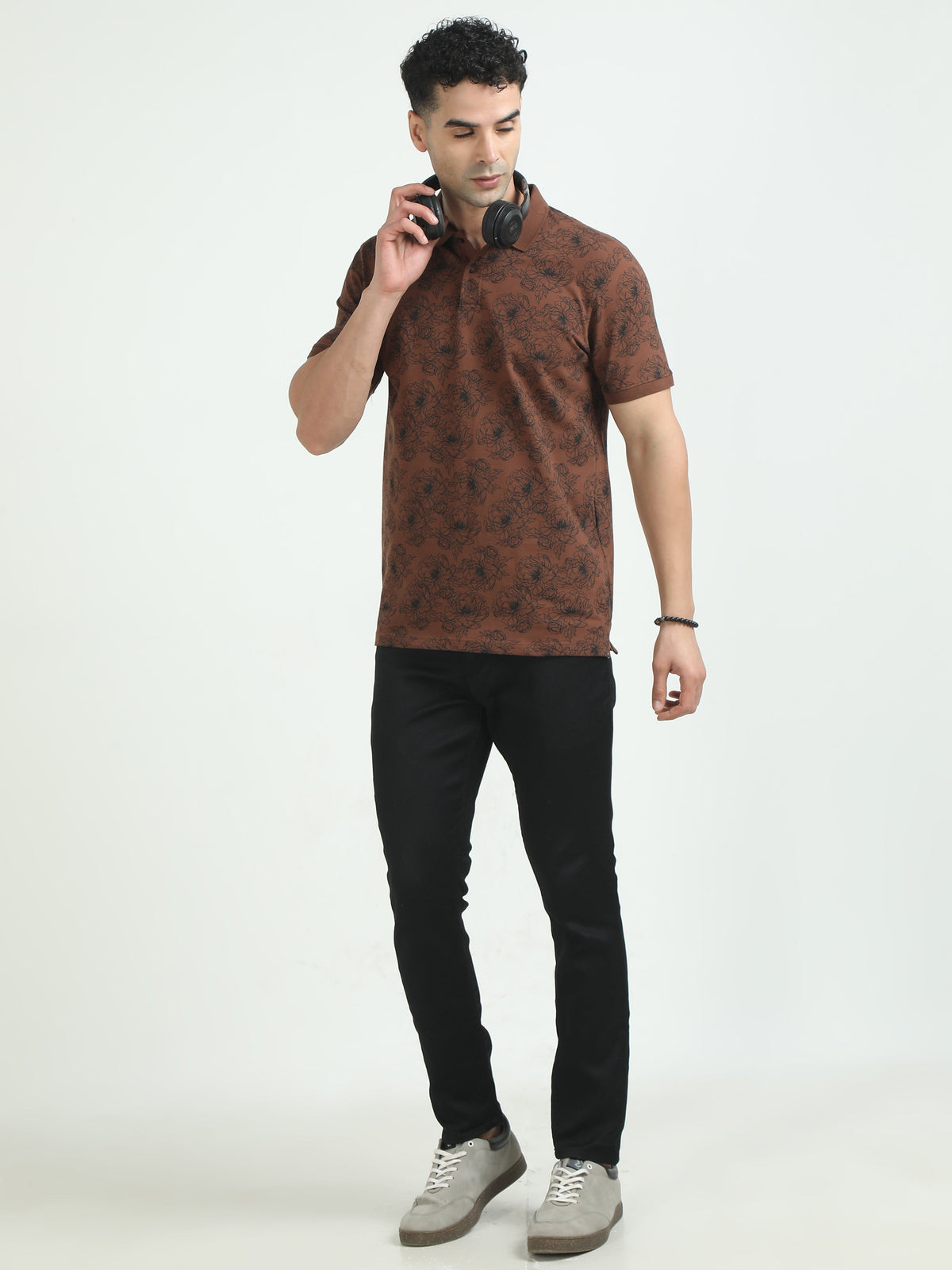 Men Brown Printed Regular Fit Half Sleeve Polo Neck T-Shirt