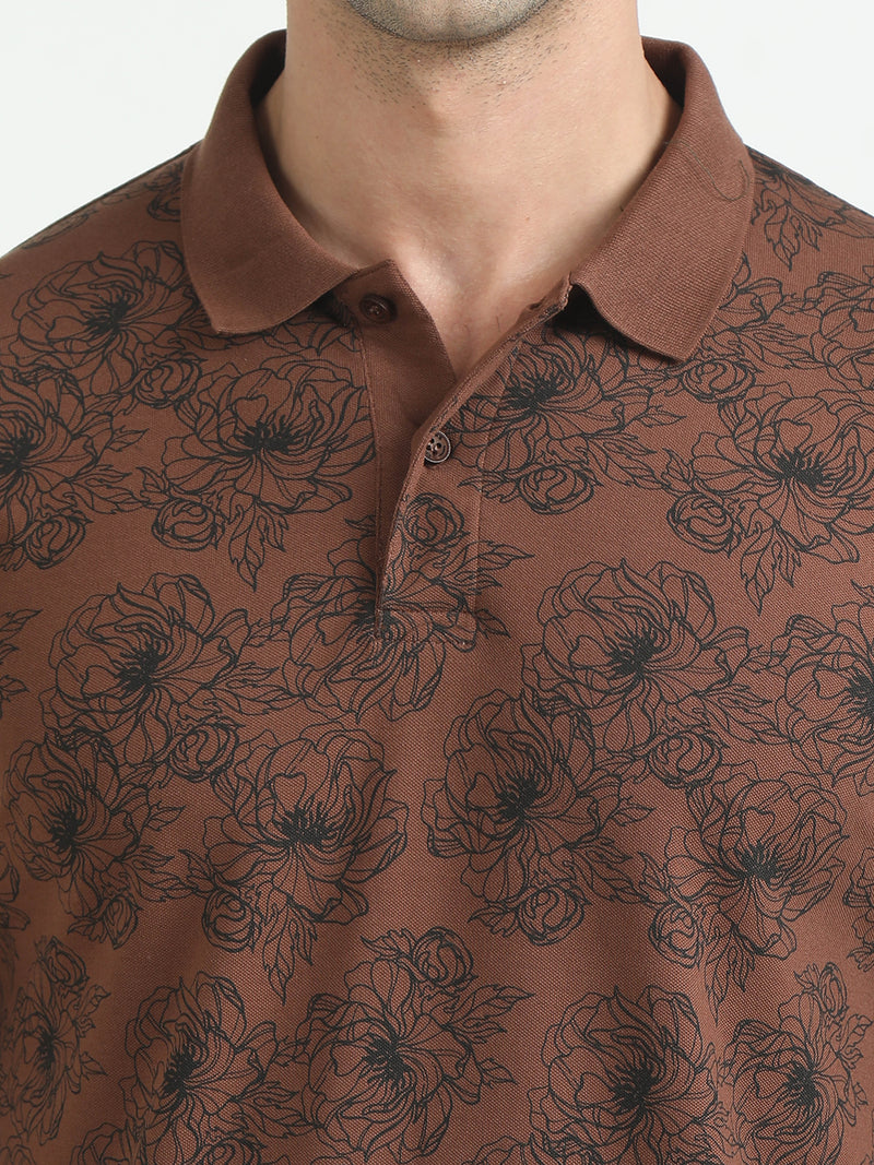 Men Brown Printed Regular Fit Half Sleeve Polo Neck T-Shirt