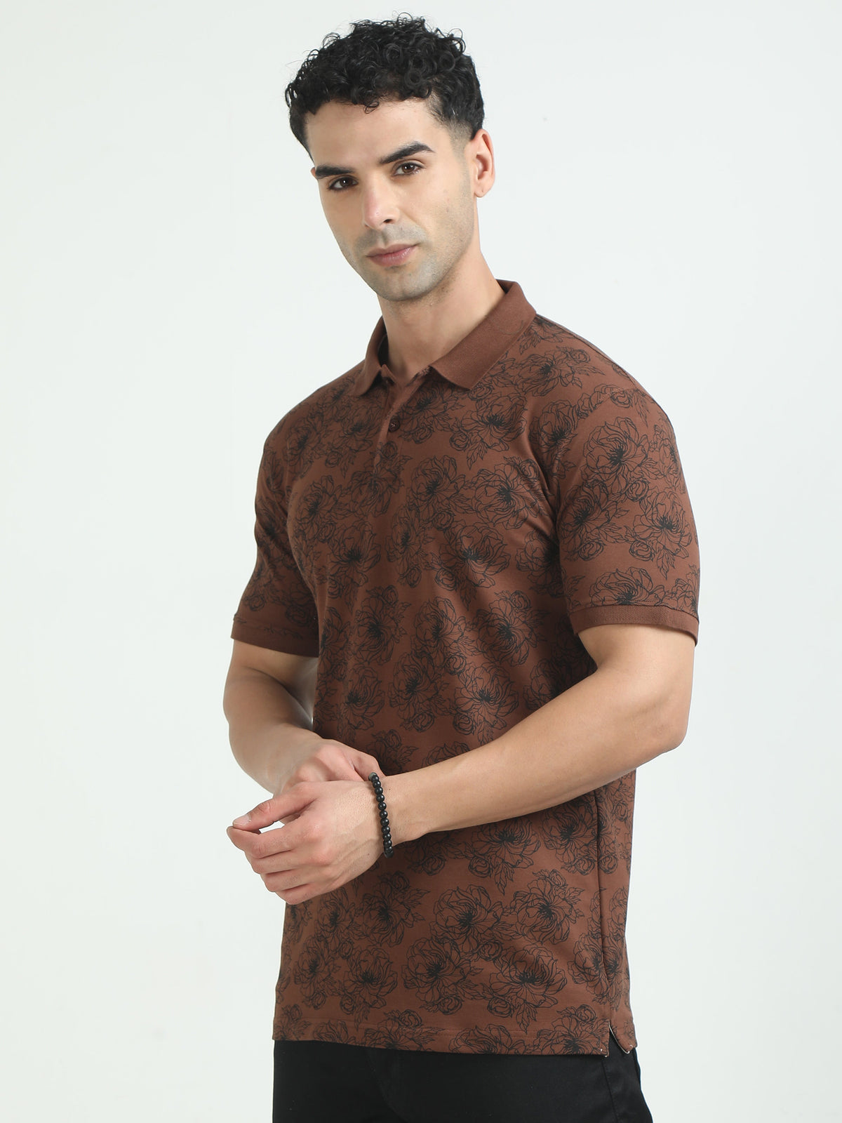 Men Brown Printed Regular Fit Half Sleeve Polo Neck T-Shirt