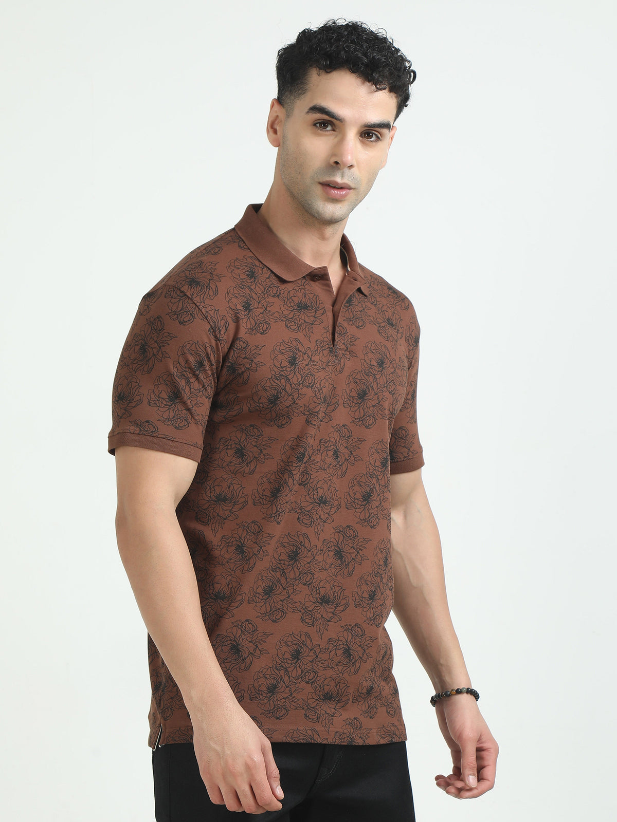 Men Brown Printed Regular Fit Half Sleeve Polo Neck T-Shirt