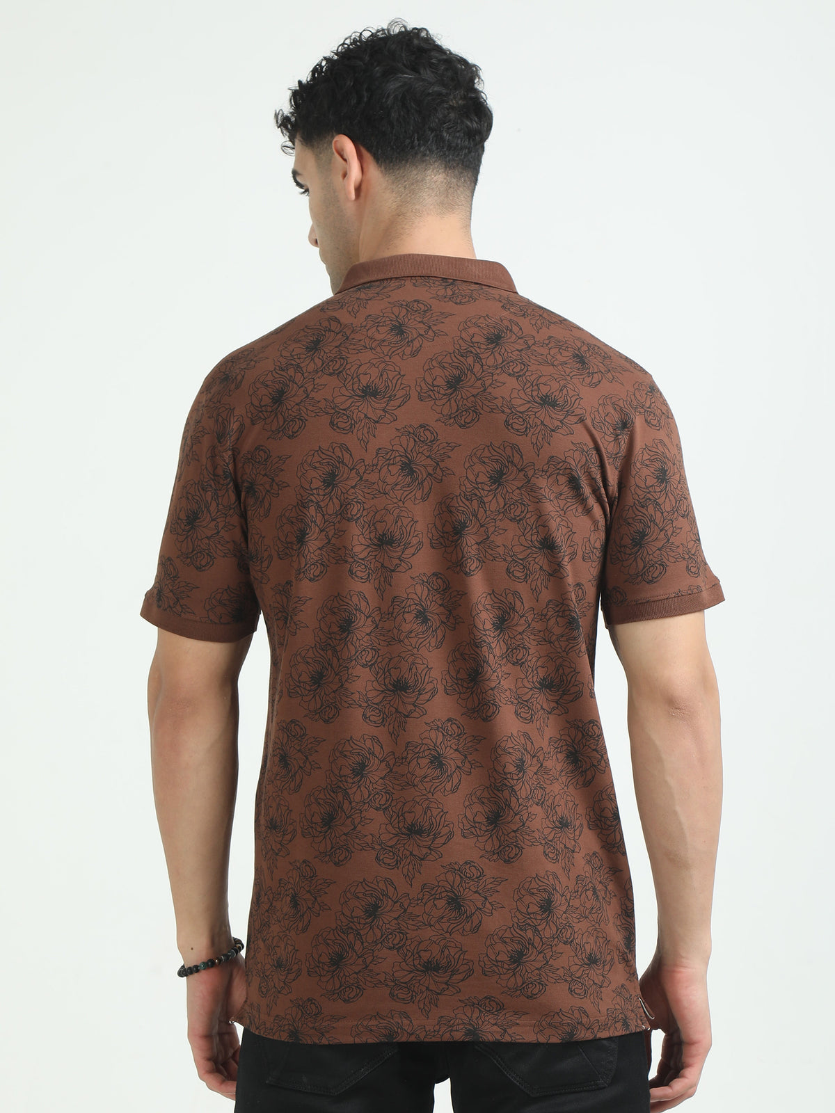 Men Brown Printed Regular Fit Half Sleeve Polo Neck T-Shirt