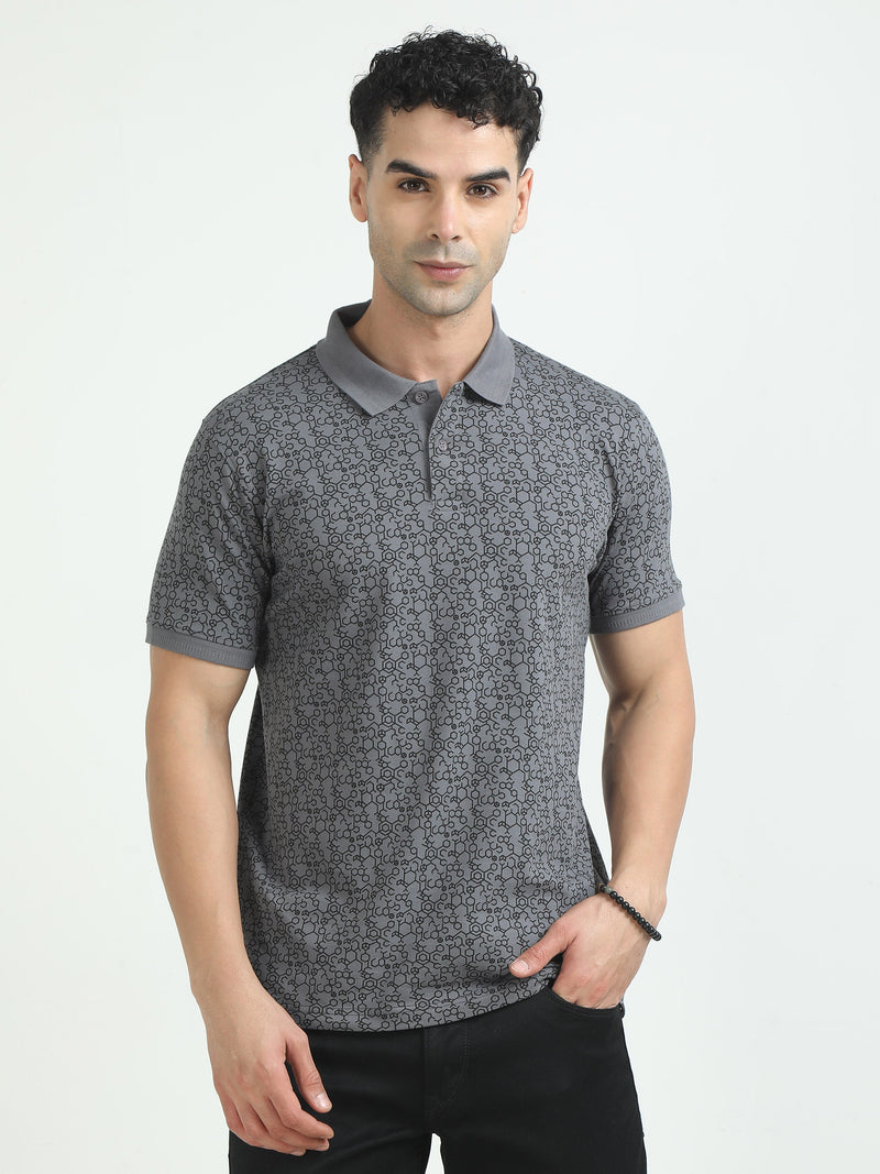 Men Grey Printed Regular Fit Half Sleeve Polo Neck T-Shirt