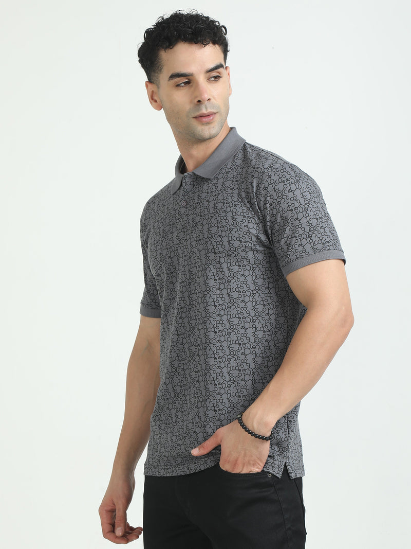 Men Grey Printed Regular Fit Half Sleeve Polo Neck T-Shirt