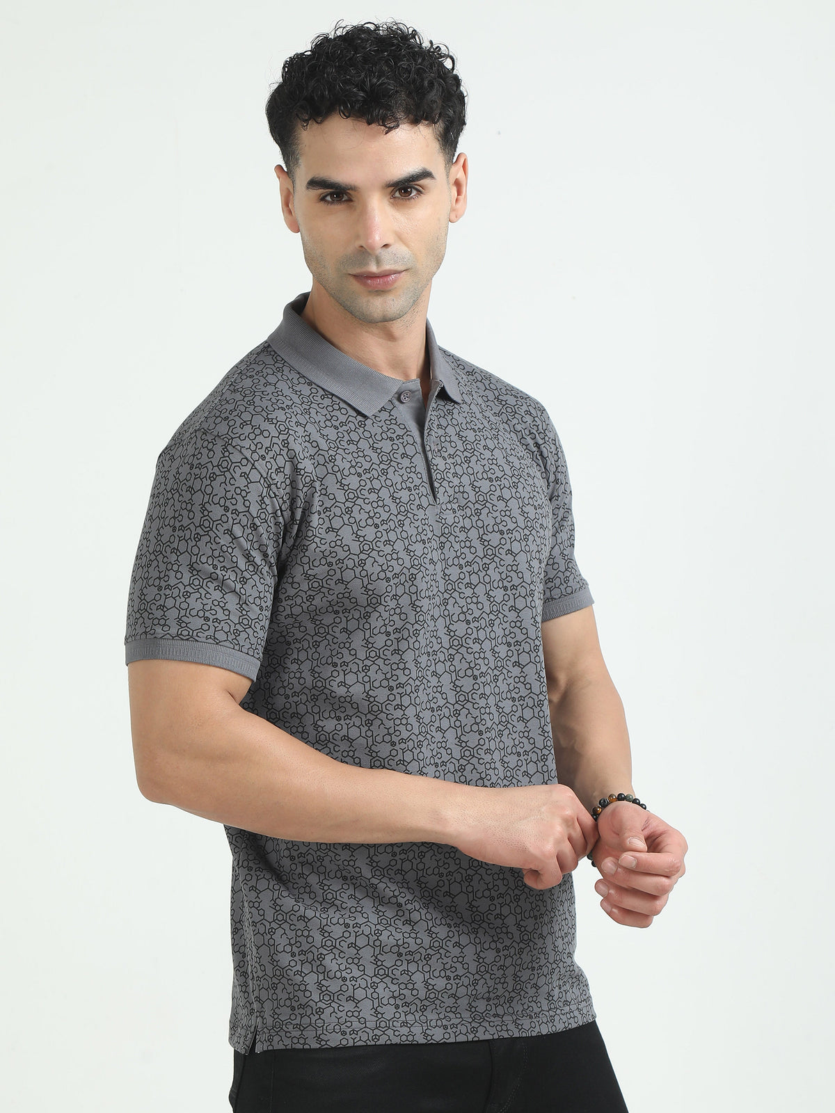 Men Grey Printed Regular Fit Half Sleeve Polo Neck T-Shirt