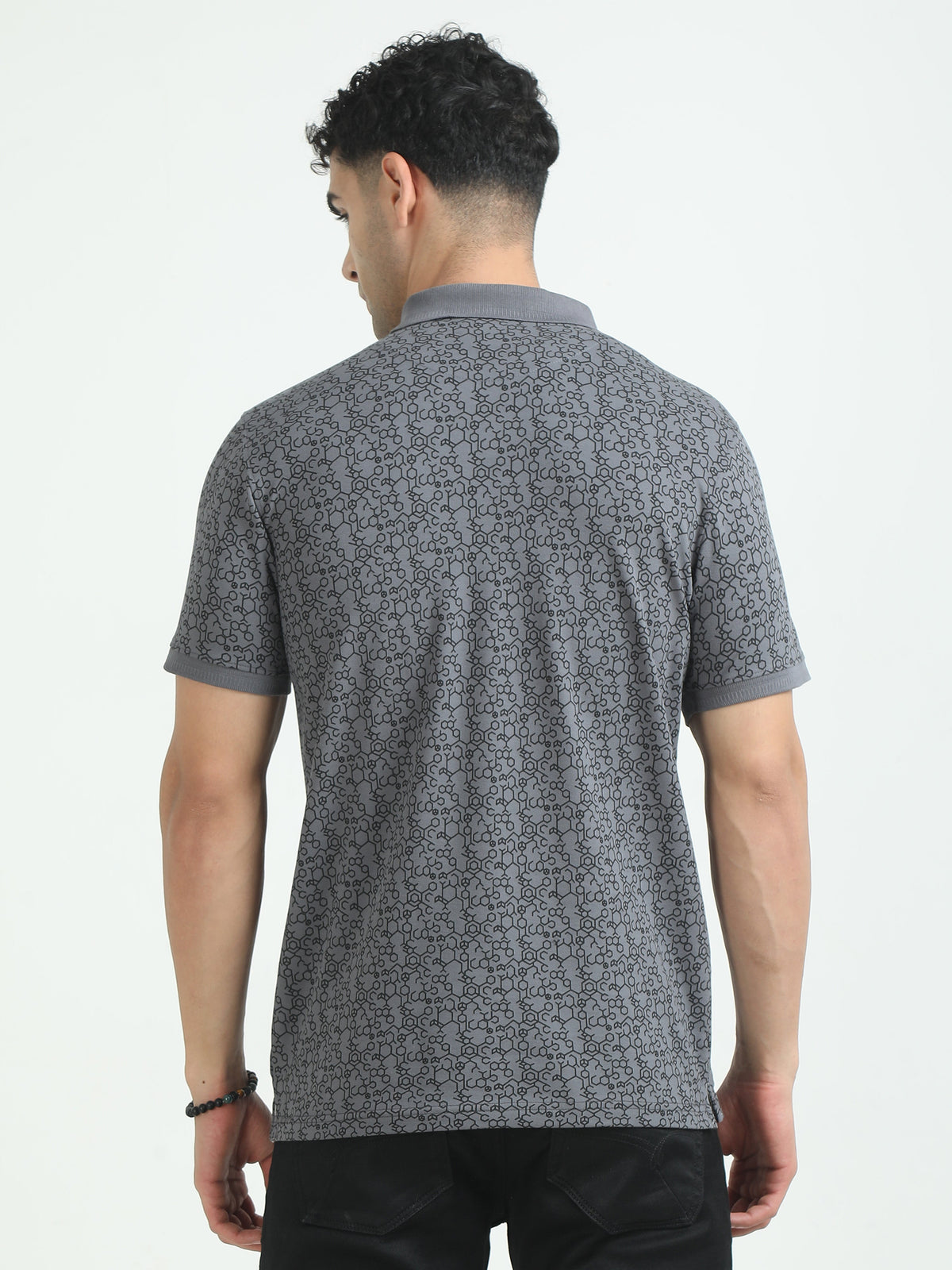 Men Grey Printed Regular Fit Half Sleeve Polo Neck T-Shirt