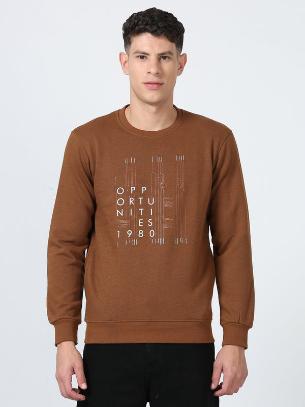 Men's Khaki Regular Fit Printed Full Sleeves Casual Sweatshirt