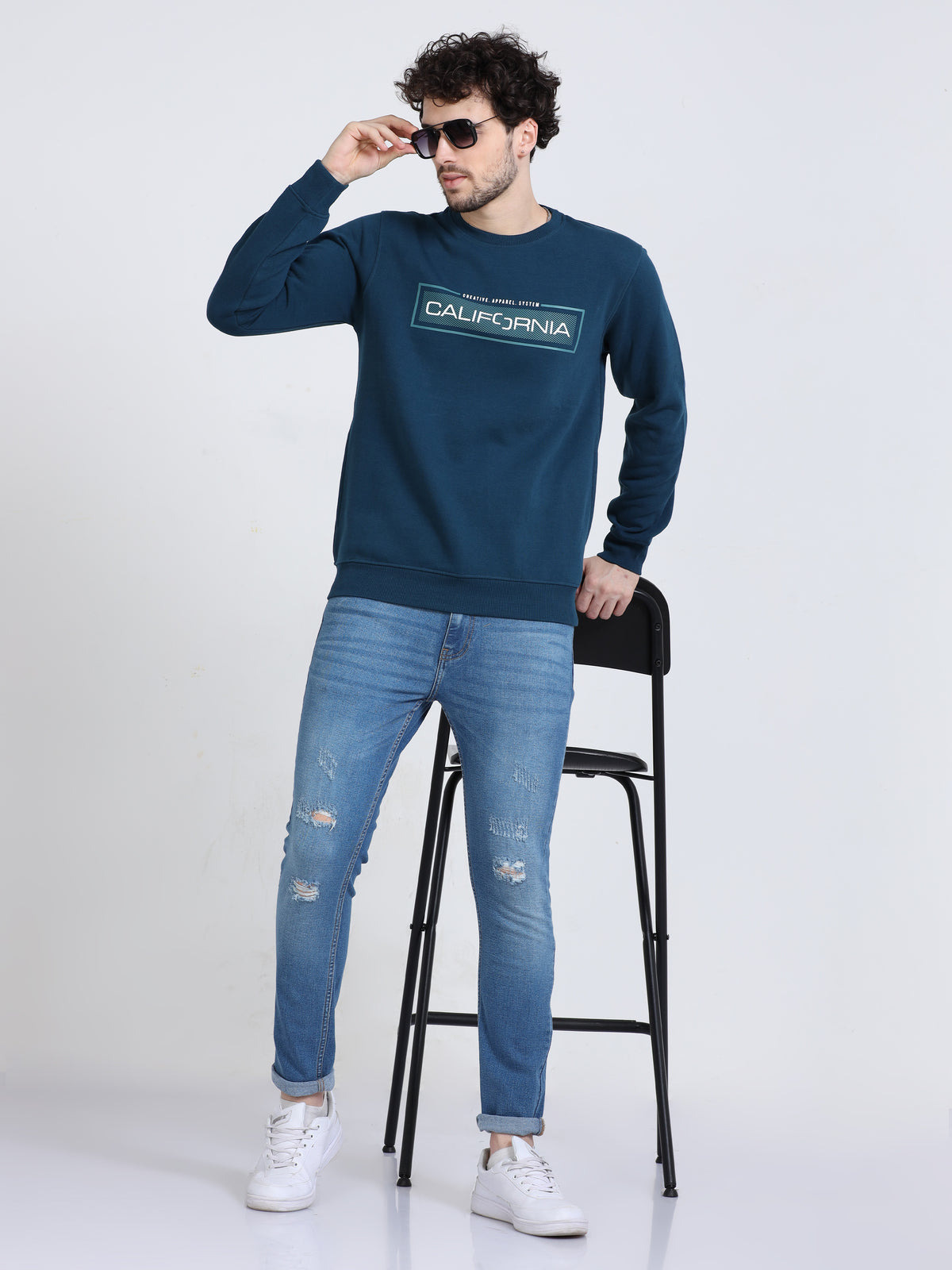 Shop Men's Blue Hooded Neck Full Sleeves Casual Fleece Sweatshirt Online.