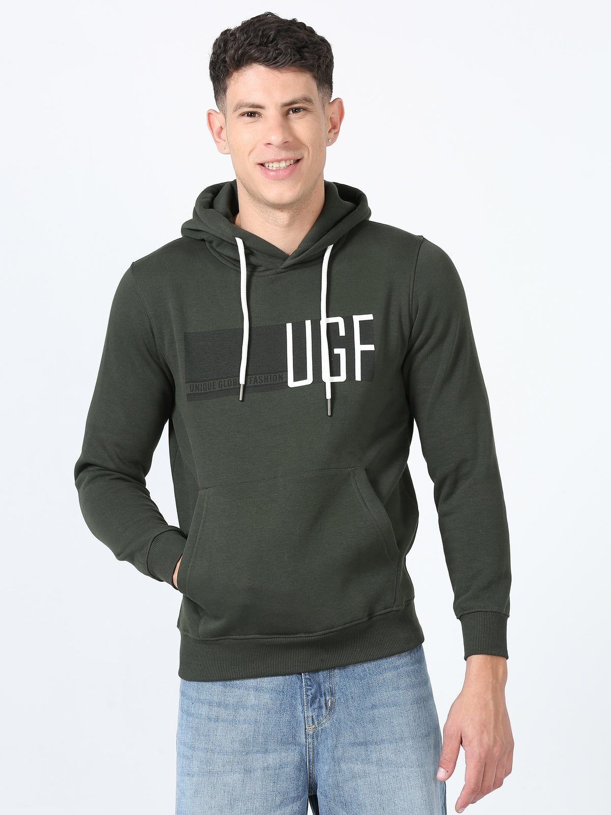 Shop Men's Green Printed Hoodie Full Sleeves Regular Fit Casual Sweatshirt Online.