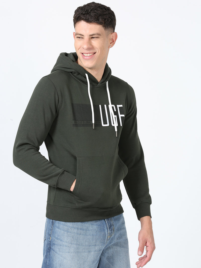 Shop Men's Green Printed Hoodie Full Sleeves Regular Fit Casual Sweatshirt Online.