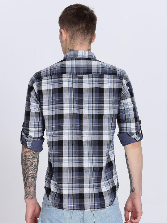 Navy Madras Checked Double Pocket Shirt