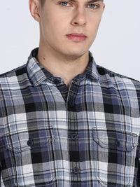 Navy Madras Checked Double Pocket Shirt
